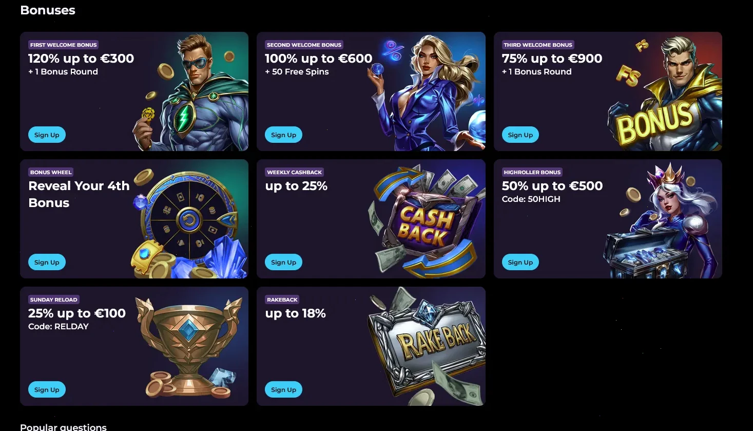 Highflybet casino bonus page showing the four-deposit welcome package and reload codes